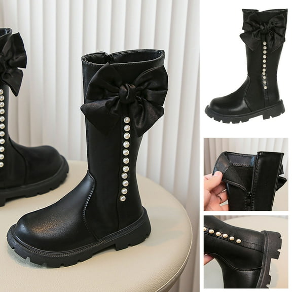 Fall/Winter New Bow Children's High Little Girl's Fashionable Single Boot Black qILAKOG Size 9.5
