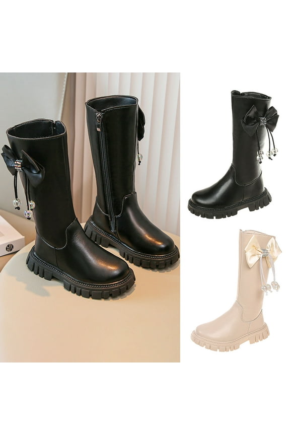 Fall/Winter New Bow Knot Long Barrel Leather Little Girl Fashionable Princess Boots Beige qILAKOG Size 9.5