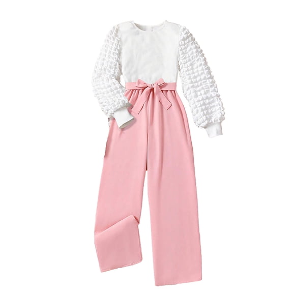 Fall/Winter Outfits for Girls Casual Solid Color Long Sleeve Crew Neck Top Lace Up Loose Wide Leg Pants Suit,Jumpsuit Set(Size:5-6 Years)