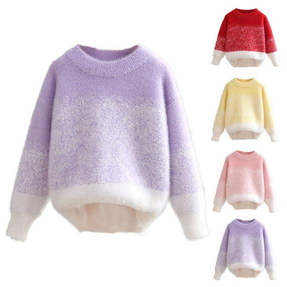 Fall/Winter Saving! HVOBTTY Kid's Long Sleeve Knited Sweater, Toddler Fall Pullover Sweater, Girls Gradient Color Crewneck Fleece Lined Knit Sweater Thickened Tops for Girls Red, 7-8 Years