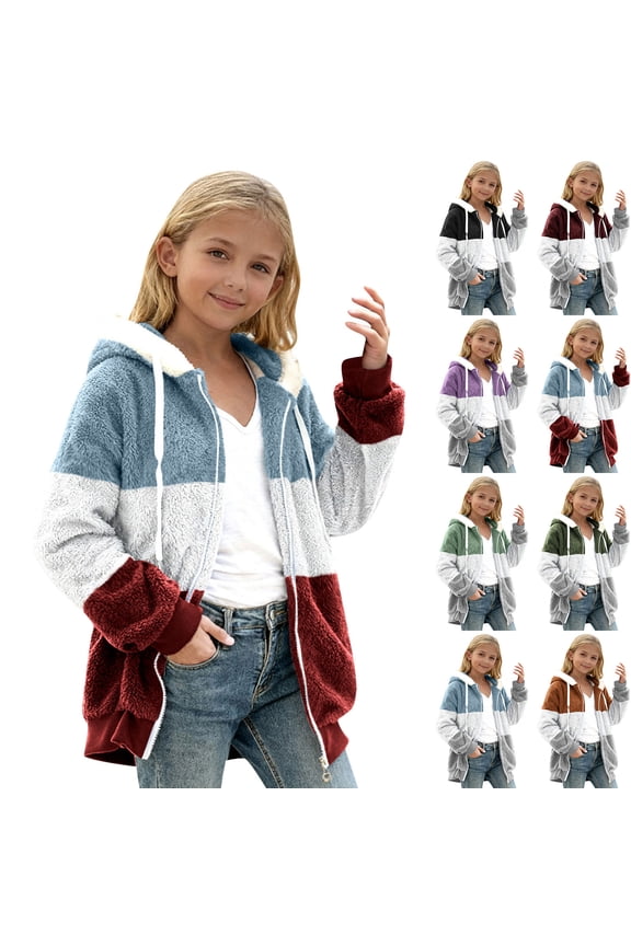 Fall/Winter Saving! HVOBTTY Toddlers Fleece Mid Length Jacket, Kids Fall and Winter Coats, Kids Boys Girls Casual Color Block Fleece Double Faced Long Sleeve Hooded Jacket Purple, 5-6 Years