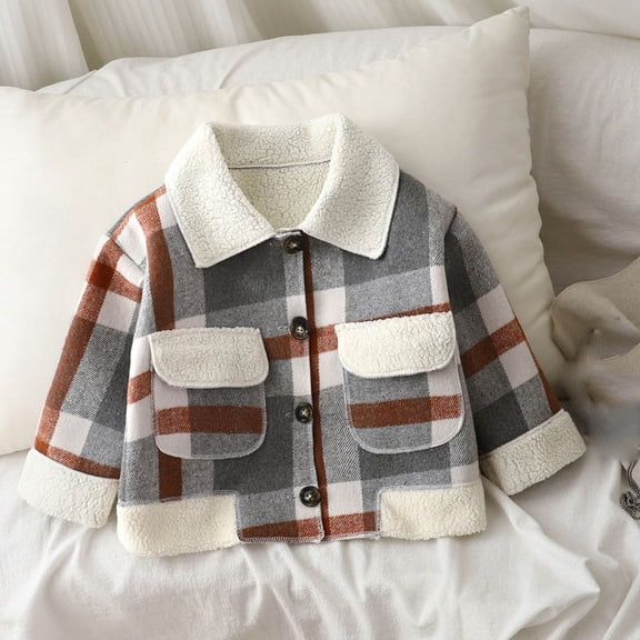 Fall/Winter Saving! HVOBTTY Toddlers Fleece Short Shirt, Kids Fall and Winter Coats, Boys Girls Casual Fashion Plaid Print Button Down Collar Lined Fleece Warm Long Sleeve Jacket Gray, 1-2Years