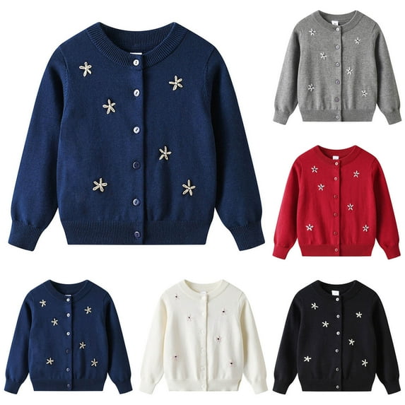 Fall/Winter Saving! HVOBTTY Toddlers Open Front Short Sweater, Girl's Fall and Winter Coats, Girls' Casual Fashion Solid Color Thick Embroidered Flower Knit Cardigan Sweater Coats Black, 7-8Years
