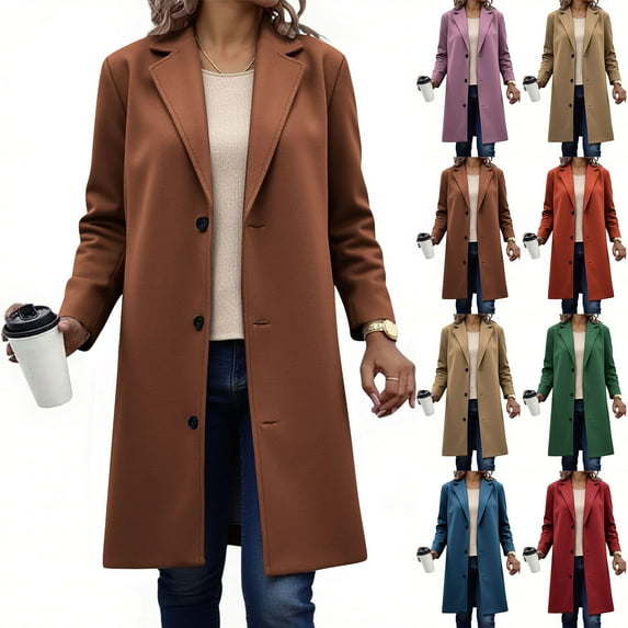 Fall/Winter Saving! HVOBTTY Women's Long Trench Jacket, Winter Coats for Women Plus Size, Women's Casual Fashionable Solid Color Thick Faux Wool Stand Collar Lined Button Jacket Navy, XXXXL