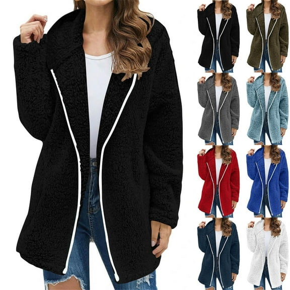 Fall/Winter Saving! HVOBTTY Women's Mid Fleece Jackets, Winter Coats for Women, Women's Fashion Solid Color Fleece Warm Long Sleeve Zipper Long Length Hooded Outwear Coat Gray, XXXL