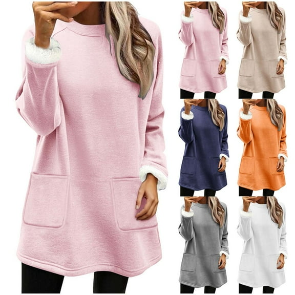 Fall/Winter Saving! HVOBTTY Women's Mid Pullover Jacket, Winter Coats for Women, Women's Casual Solid Color Fleece Warm Long Sleeve Crew Neck Loose Everyday Wear Top with Double Pocket Navy, L