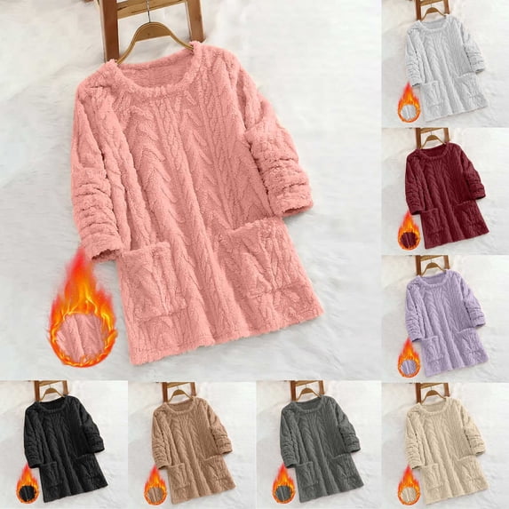 Fall/Winter Saving! HVOBTTY Women's Mid Pullover Jacket, Winter Coats for Women, Women's Fashion Casual Solid Color Loose Long Sleeve Round Neck Outwear Pocket Coat Purple, L