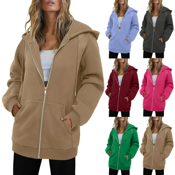 Fall/Winter Saving! HVOBTTY Women's Mid Sweatshirt, Winter Coats for Women, Women's Fashion Casual Solid Color Pocket Long Sleeve Everyday Wear Hooded Sweatshirt Jacket Dark Gray, L