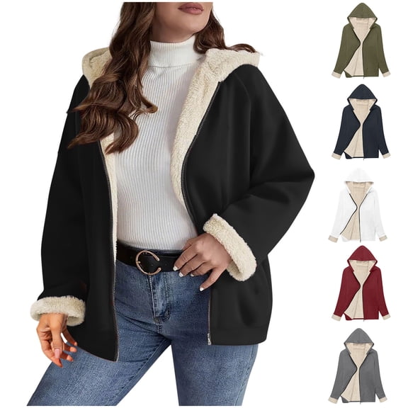 Fall/Winter Saving! HVOBTTY Women's Short Fleece Jackets, Winter Coats for Women, Women's Casual Solid Color Fleece Loose Zipper Pocket Hooded Outerwear Coat for Everyday Wear Black, M