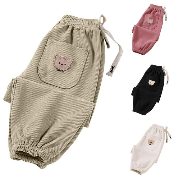 Ahuyic Long Pants for Kids,Boys Girls Bear Print Pants 3-12 Years Elastic Waist Casual Trousers with Pockets for Fall Winter,2 Years Khaki