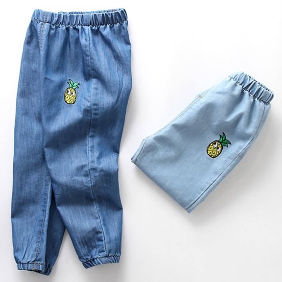 Ahuyic Long Pants for Kids,Boys Girls Embroidered Denim Joggers Mosqui- Repellent Loose Casual Pants with Elastic Cuffs,90 Dark Blue