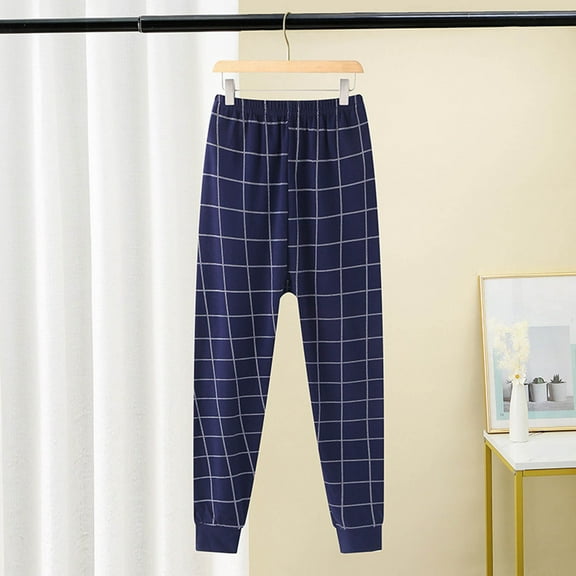 Ahuyic Long Pants for Kids,Boys Girls Plaid Print Thermal Leggings Loose Pants for Home Sleepwear in Fall Winter,8 Years Dark Blue