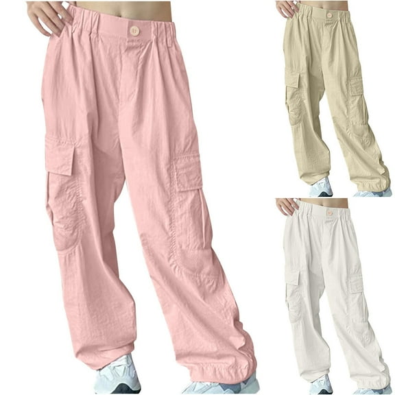 Ahuyic Long Pants for Kids,Boys Girls Solid Color Cargo Pants 5-14 Years High Waist But-n Pocket Loose Straight Leg Trousers for Casual Wear,120 Beige