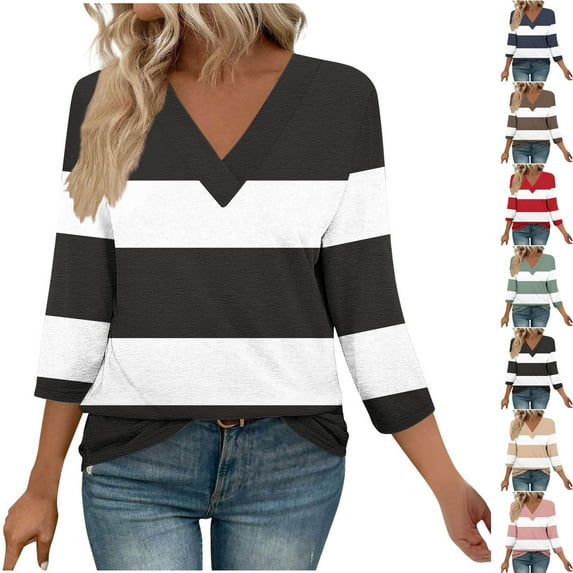 Fall Winter Savings!Ahuyuic Womens 3/4 Sleeve Blouse V-Neck Print T-Shirt Casual Fashion Top M Blue