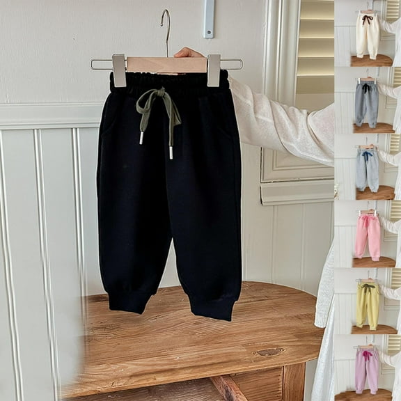 Ahuyic Long Pants for Kids,Girls Solid Color Fleece Lined Joggers 1-10 Years Drawstring Waist Straight Leg Pants with Elastic Cuffs for Casual Wear,90 Pink