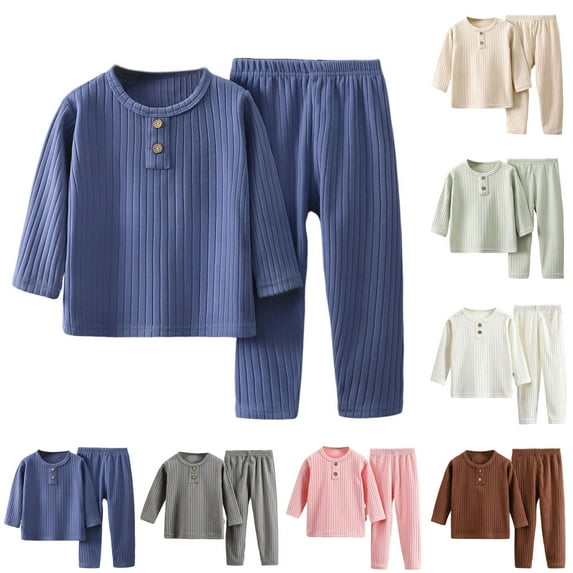 Ahuyic Kids Long Tops And Pants,Kids Ribbed Velvet Thermal Underwear Set 1-11Years Long Sleeve Round Neck Pants 2 Piece Casualwear for Fall Winter