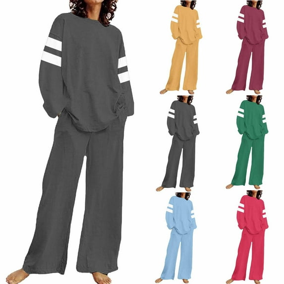 Ahuyic Womens 2 Pieces Sets,Women's Fall Casual Printed Set Round Neck Long Sleeve Top & Pants Warm Comfortable Out for Fall Daily Outings Home Wear