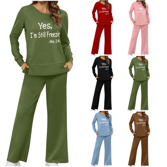 Ahuyic Womens 2 Pieces Sets,Women's Fashion Printed Round Neck Set Stylish Long Sleeve Top & Side-Split Pants Warm Comfortable Out for Fall Winter Daily Casual Outings