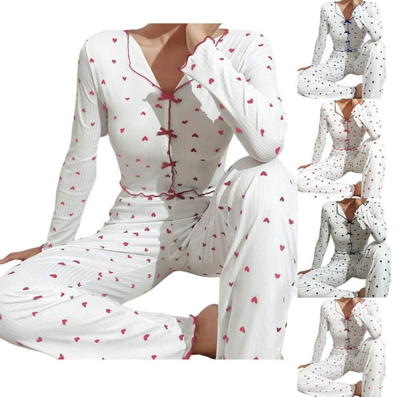 Ahuyic Womens 2 Pieces Sets,Women's -Printed 2PC Set Cuffed Long Sleeve Pajama Top & Pants Outer-Wearable wear Soft Warm Out for Fall Winter Home & Mild Outdoor Wear