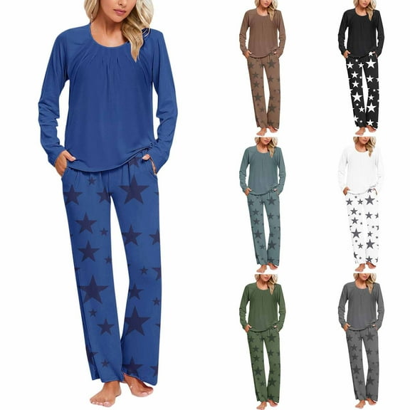 Ahuyic Womens 2 Pieces Sets,Women's Star-Printed wear Pajama Set 1PC Top 1PC Pants Round Neck with Pocket Warm Soft Sleepwear for Fall Winter Home Wear