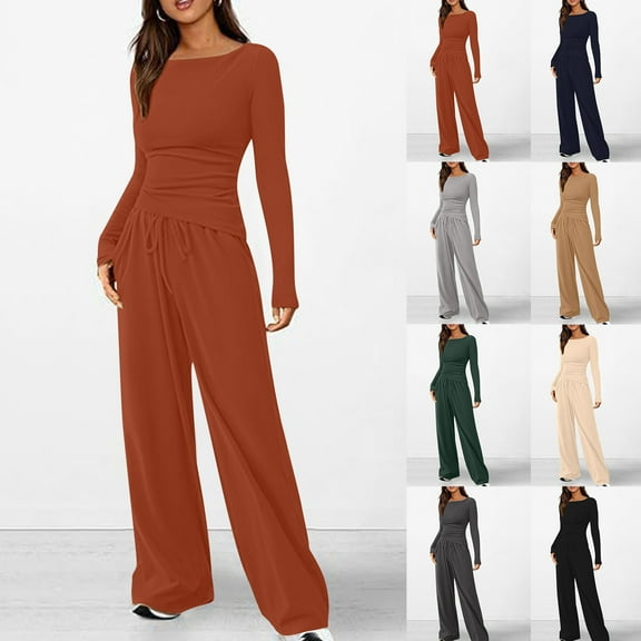 Ahuyic Womens 2 Pieces Sets,Womens 2 Piece Set Drop Shoulder Long Sleeve Top with Drawstring Wide Leg Pants Pockets Solid Casual Out