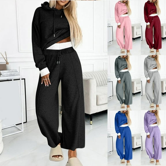 Ahuyic Womens 2 Pieces Sets,Womens 2 Piece Set Hooded Long Sleeve Faux Two Piece Top and Wide Leg Pants Solid Casual Out for Fall Winter