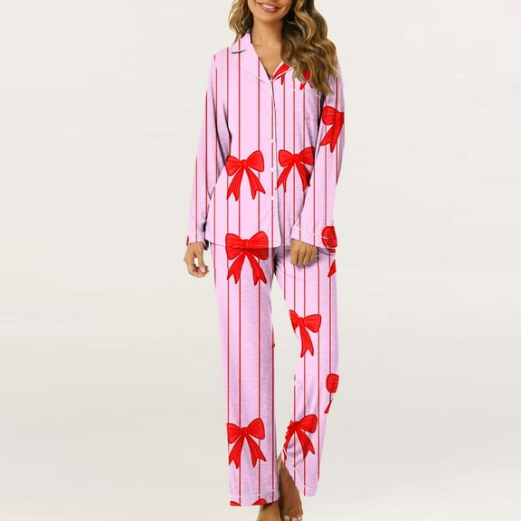 Ahuyic Womens 2 Pieces Sets,Womens Long Sleeve Round Neck Pajama Set with Pockets Print wear Home Out