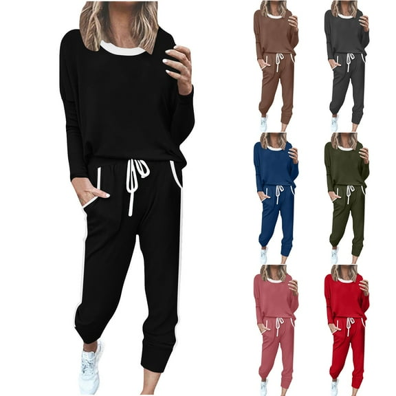 Ahuyic Womens 2 Pieces Sets,Womens Long Sleeve Round Neck Top and Pants Set Solid wear Yoga Out