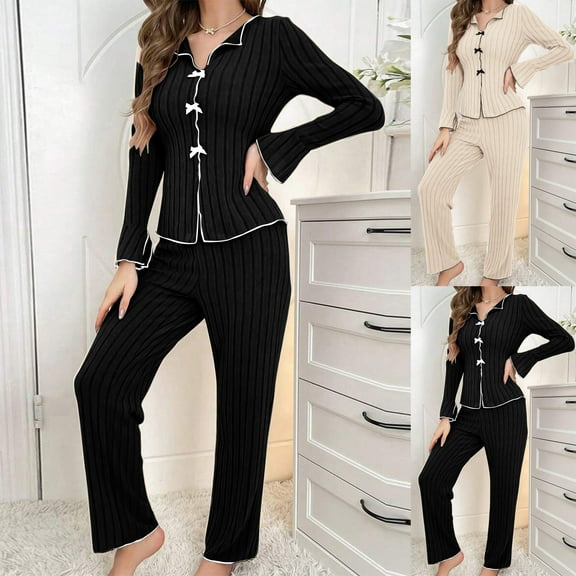 Ahuyic Womens 2 Pieces Sets,Womens Long Sleeve V Neck Pajama Set Warm wear Out for Fall Winter