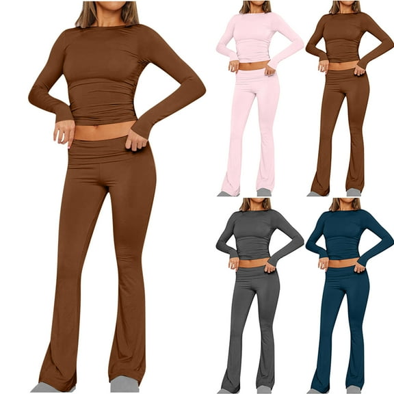 Ahuyic Womens 2 Pieces Sets,Womens ted Round Neck Long Sleeve Top and Pants Hooded Out Solid Casual wear