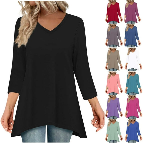 Ahuyic Womens Blouse Print Round Neck 3/4 Sleeve T-Shirt Casual Top for Women XL Black