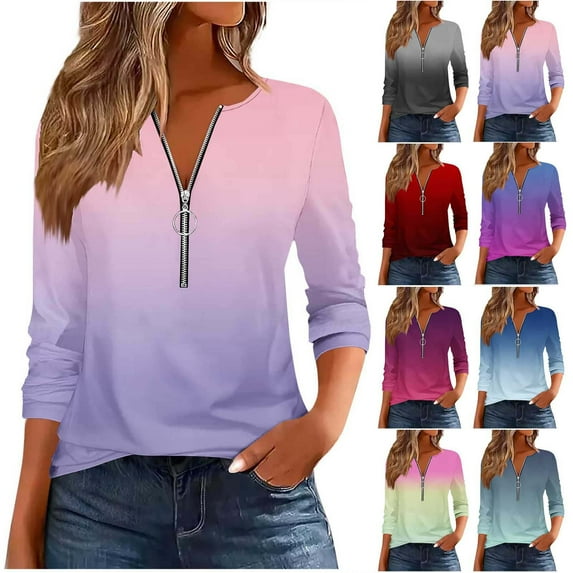 Ahuyic Womens Blouse Printed Round Neck Long Sleeve T-Shirt with Zipper Casual Top for Women XXL Navy