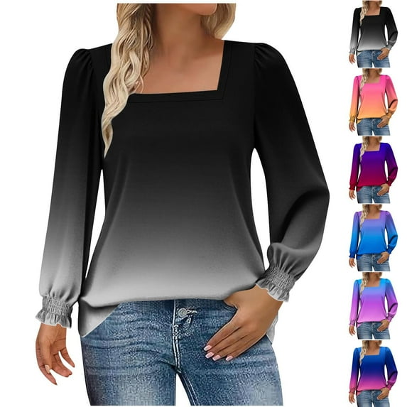 Ahuyic Womens Long Sleeve Top Print Square Neck Pullover Blouse Loose Casual Long Sleeved for Women Fall Winter S Sky Blue