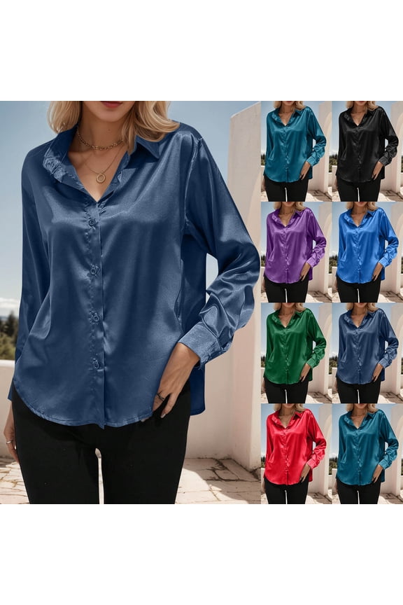 Womens Top Solid Color Long Sleeve Button Down Turndown Collar Casual Blouse for Women XXL Sky Blue