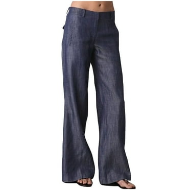 Summer Savings AKAFMK Plus Size Womens Jeans,Wide Leg Jeans for Women,Women's Casual Trousers Solid Pocket Pants Stylish Pants Long Pants Imitation Jeans Trousers Dark Blue 2XL