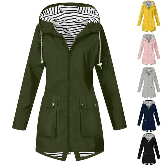 Bxsruta Women Solid Color Rain Jacket Outdoor Hooded Windproof Loose with Pocket Coat, Green M