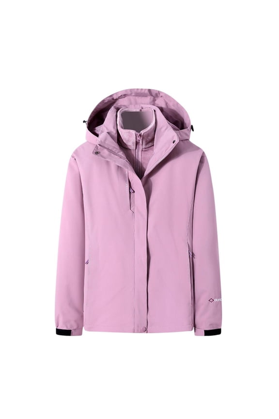 Women Winter Three in One Removable Sports Mountaineering Suit Outdoor Sprinting Suit Windproof Hooded Coat, Purple L