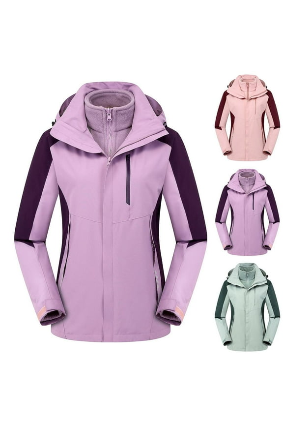Women Winter Three in One Removable Sports Mountaineering Suit Outdoor Sprinting Suit Windproof Hooded Coat, Purple S