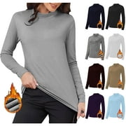 Fall Winter Savings Clearance 2024! Loopsun Womens Thermal Tops, Thermal Shirt for Women, Womens Solid Color Casual Elastic Undershirt Warm Top Long Sleeve Turtleneck Blouse Black XXL