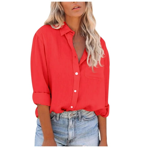 Loopsun Womens Top, Shirts for Women, Fashion Women Casual Pockets Solid Turn-Down Neck Cardigan Long Sleeve Loose T-Shirt Blouse Button Tops Red