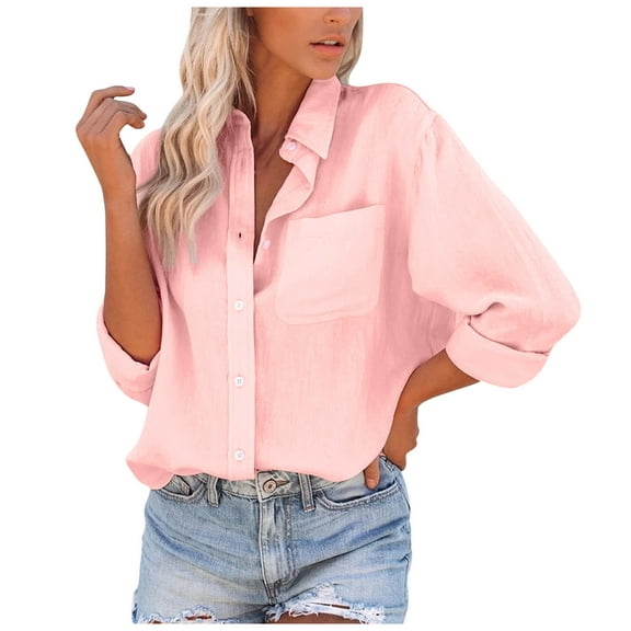 Loopsun Womens Top, Shirts for Women, Fashion Women Casual Pockets Solid Turn-Down Neck Cardigan Long Sleeve Loose T-Shirt Blouse Button Tops Pink