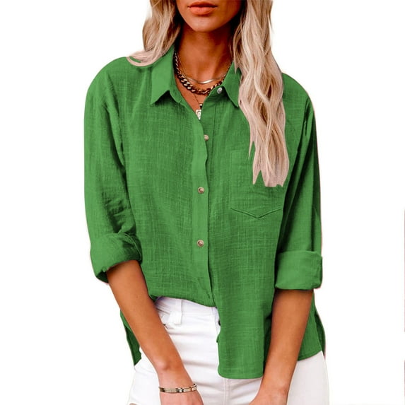Loopsun Womens Top, Shirts for Women, Womens Solid Color Button Shirts V Neck Loose Blouse Long Sleeve Casual Work Tunic Tops with Pocket Green J