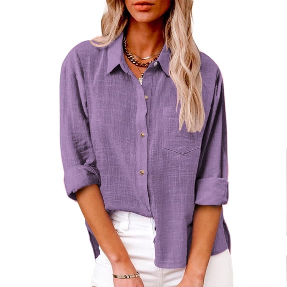 Loopsun Womens Top, Shirts for Women, Womens Solid Color Button Shirts V Neck Loose Blouse Long Sleeve Casual Work Tunic Tops with Pocket Purple O