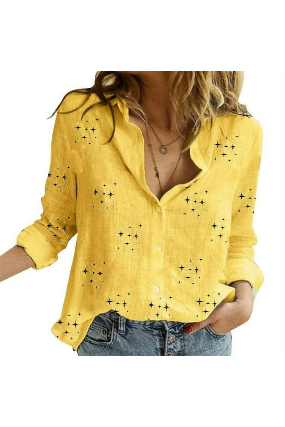Womens Top, Womens Long Sleeve Shirts, Women's Vintage Casual Printing V-Neck Long Sleeve Tops Yellow J