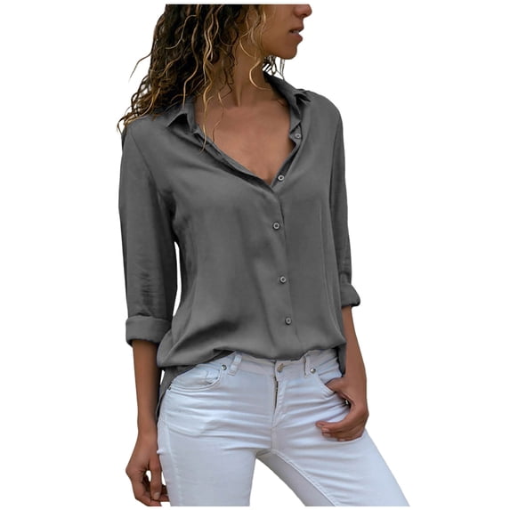 Fall Winter Savings Clearance 2024! Loopsun Womens Top, Womens Long Sleeve Shirts, Womens Ladies Chiffon Long Sleeve V-Neck Lapel Solid Color Blouses Summer Casual Tops Gray E