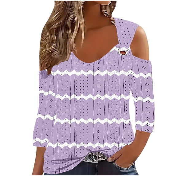 Fall Winter Savings Clearance 2024! TAGOLD Summer Tops T-shirt Blouse for Womens,Women's Fashion Casual Striped Slip Shoulder Seven-Point Cuff Pullover Tops