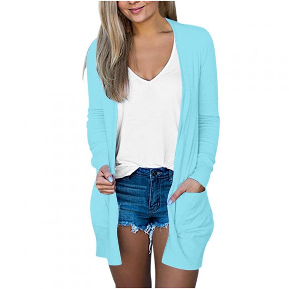 TAGOLD Women Cardigan, Women's Solid Color Long Sleeve Casual Tops Blouse With Pocket Cardigan