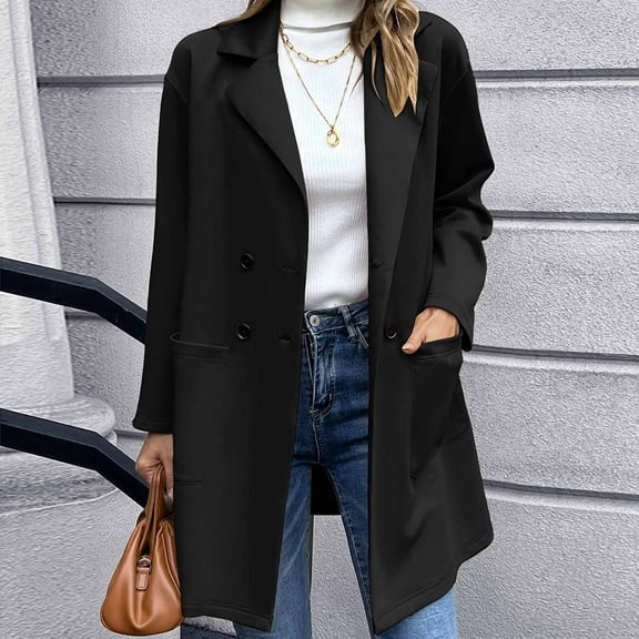 TAGOLD Women Jacket Solid Jacket Button Turndown Neck Slim Fit Warm Medium and Long Jacket Womens Fall Fashion Cardigan, Black, L