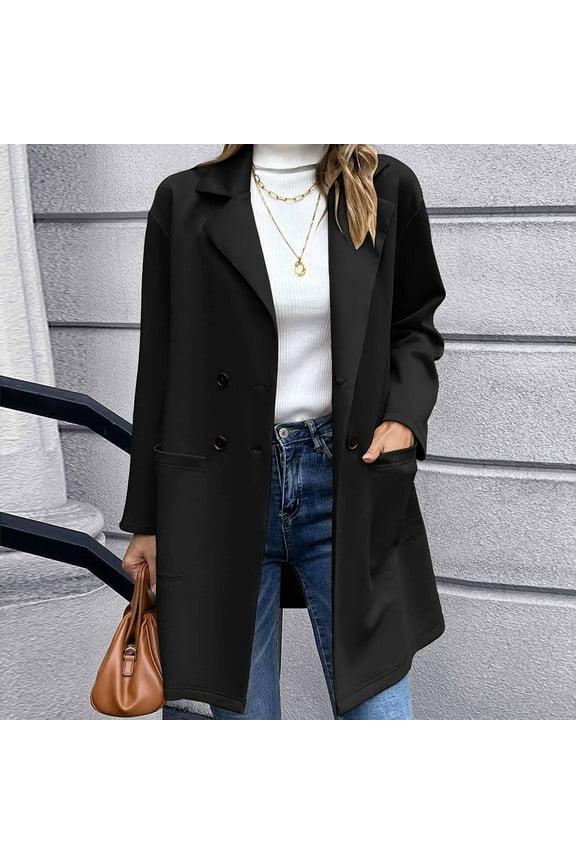 Women Jacket Solid Jacket Button Turndown Neck Slim Fit Warm Medium and Long Jacket Womens Fall Fashion Cardigan, Black, L
