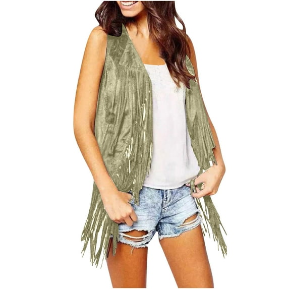 Fall Winter Savings Clearance 2024! TAGOLD Womens Cardigans,Women Autumn Winter Suede Ethnic Sleeveless Tassels Fringed Vest Cardigan